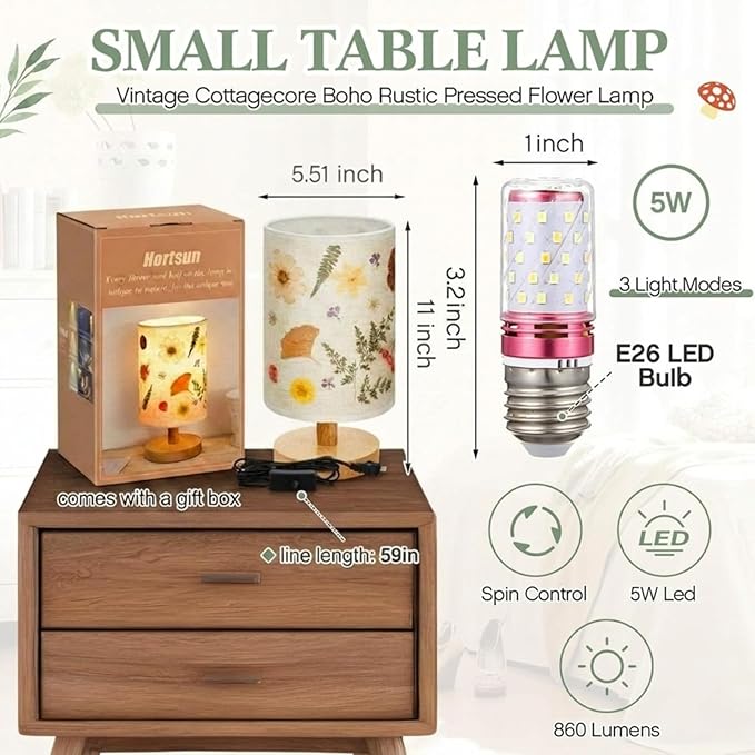 Hortsun Pressed Flower Lamp Vintage Table Small Lamp Cottagecore Decor Boho Night Light Decorative Rustic Night Light for Bedroom, Living Room or Office, Valentine Gift for Women(Modern Style)