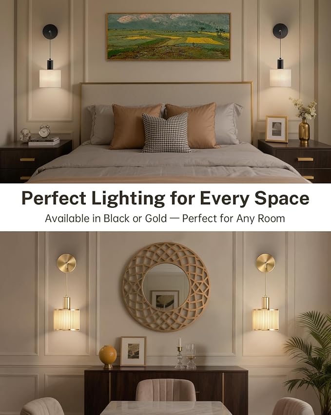 SAIMAND Battery Operated Wall Sconce Set of 2, Wireless Rechargeable Wall Lights with Remote Control, 9 Colors Dimmable LED Lamps, Modern Cordless Sconces for Bedroom Living Room Hallway(Black)
