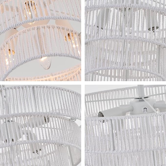 6-Lights 20" Hand-Woven Rattan Pendant Light Coastal 4 Round Transitional Minimalist Boho Large Pendant Light, for Kitchen Island Dining Room Living Room Hallway, White, UL Listed