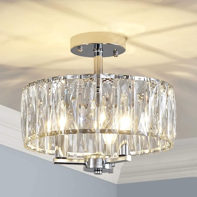 AGV LIGHTING CL003F K9 Crystal Ceiling Light Fixture, Modern Semi Flush Ceiling Lights, Perfect for Living Room, Bedroom, Dining Room, D13 x H15, 3-Light Chrome Finish