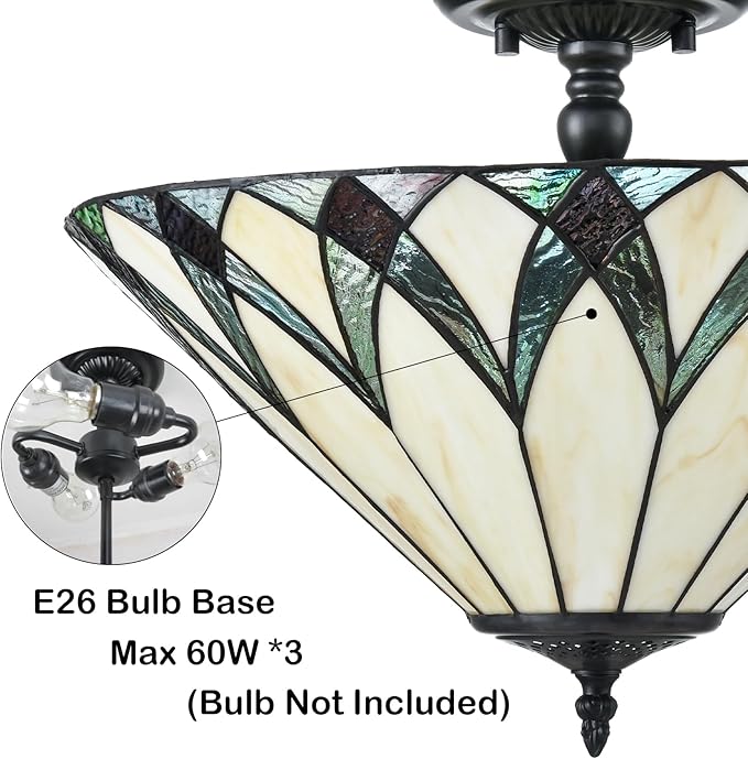 Tiffany Semi Flush Mount Ceiling Light 16.1-Inch 3-Light Mission Style Stained Glass Light Fixtures Ceiling Mount for Hallway Kitchen Bedroom Foyer Dining Living Room