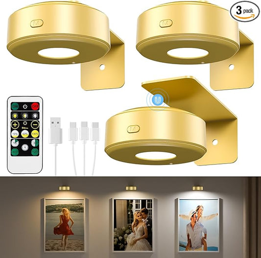 3PCS Picture Lights, Rechargeable Battery Wall Light for Paintings, 3 Colors Paintings Light Dimmable and Timer Metal Art Light for Display, Wall, Artwork, Gallery (Gold)
