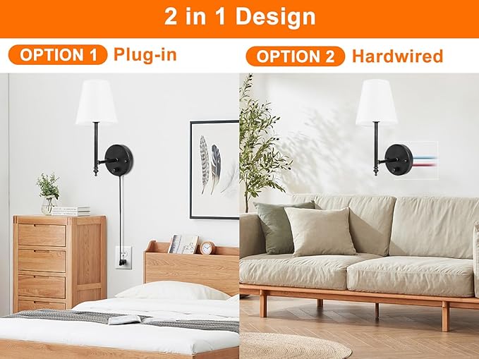 GOODATE 14.1 inch Wall Sconces Set of Two with Remote Control, Dimmable, Adjustable Colors 2700-6500K, Plug in Wall Sconces with White Fabric Shades, Plug in Wall Light, Black