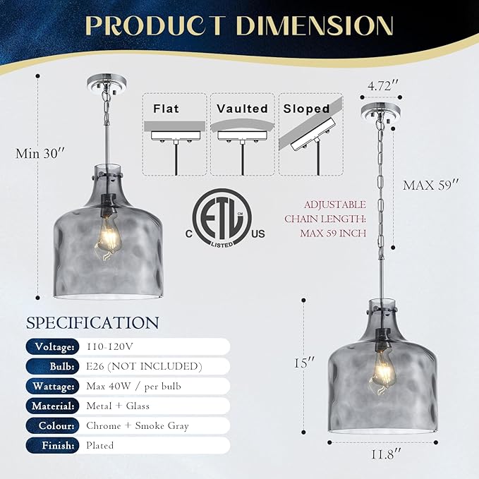 Farmhouse Pendant Light – Hand-Blown Smoked Gray Hammered Glass Shade, Polished Chrome Finish, E26 Socket, Adjustable Chain Hanging Fixture for Kitchen Island, Dining Room & Hallway, 15" H x 12" D