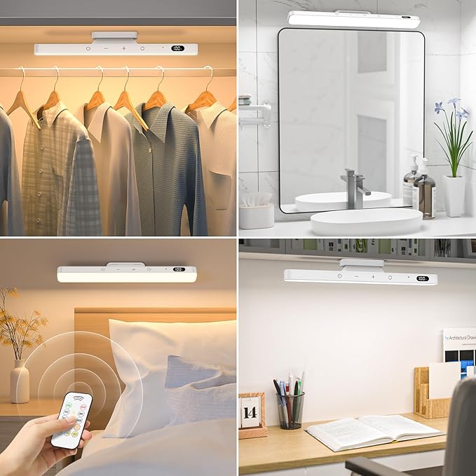 Ferswe 5W Mirror Lights with Remote Control,3 Color Adjustable Makeup Light with 120 LEDs,2500mAh Rechargeable Light Bar,Touch Light Wireless for Cabinets,Stick On Lights for Closet,Bunk Bed