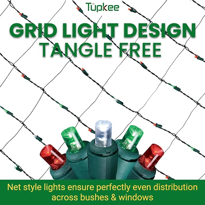 Christmas Light Net – 150 LED Red, Green & Cool-White Mesh Lights - 4 ft x 6 ft – Outdoor/Indoor – Net Lights for Bushes, Hedges or Trees