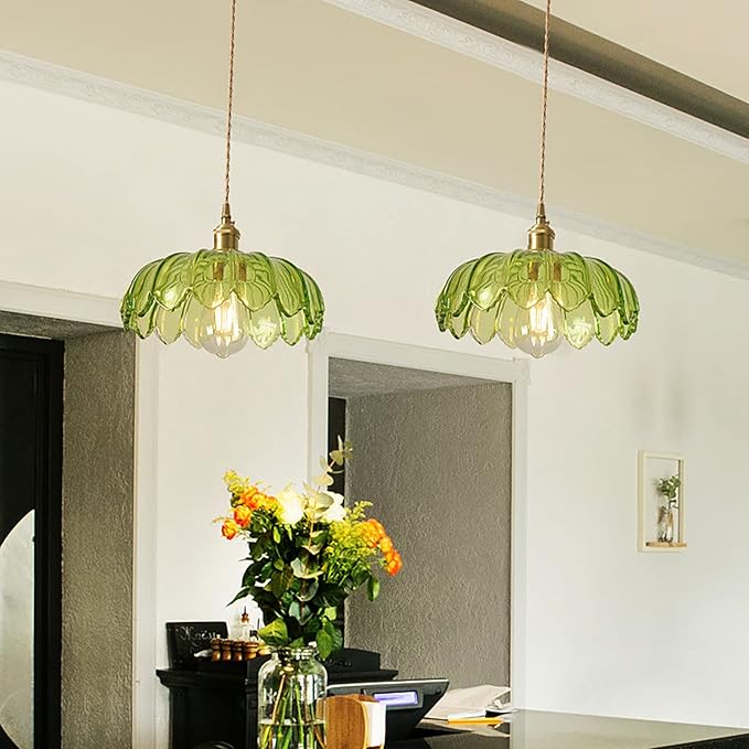 Green Glass Pendant Light Fixtures Medium 9.8 Inches Lampshade Gold Brass Finish and Switch Vintage Pendant Ceiling Lamp Copper Farmhouse Pendant Lighting (Green)