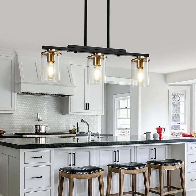 3-Light Kitchen Island Lighting,Dining Room Lights Modern Farmhouse Chandelier with Clear Glass Shade,Modern Rustic Black and Gold Metal Chandelier, Kitchen Pendant Light Fixtures Over Table