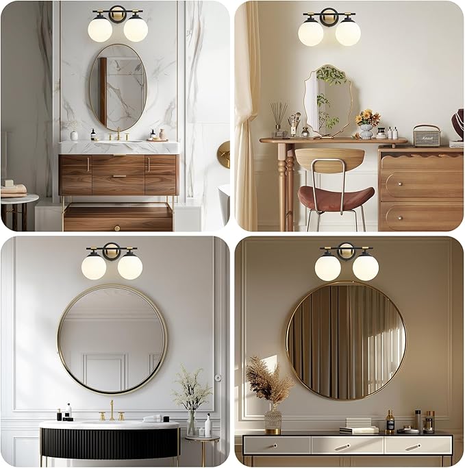 Rayogale Bathroom Light Fixtures, 2-Light Black & Gold Vanity Lights Over Mirror with White Glass Shade, 15 Inch Bathroom Wall Sconces for Bedroom Living Room (Bulbs Not Included)