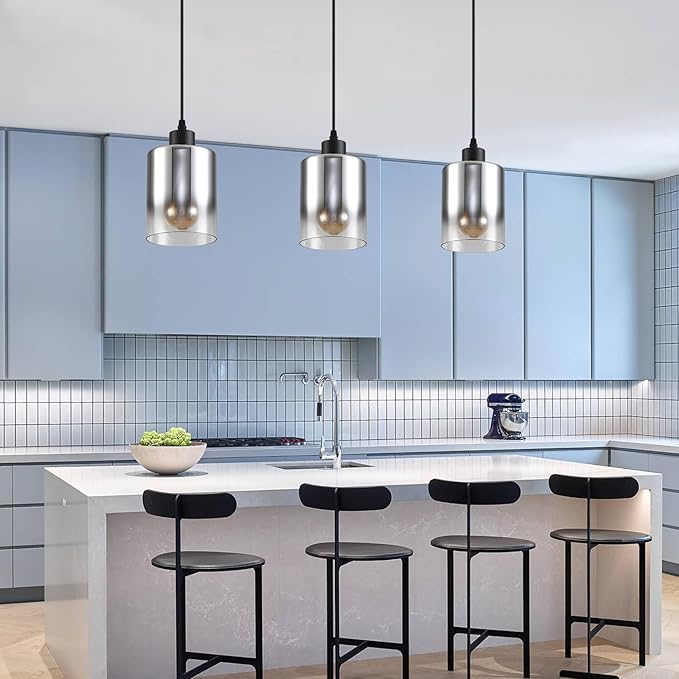 3-Pack Silver Gradient Industrial Pendant Lighting, Modern Black Glass Shade Farmhouse Adjustable Hanging Light Fixtures for Kitchen Island Living Room Bedroom Hallway
