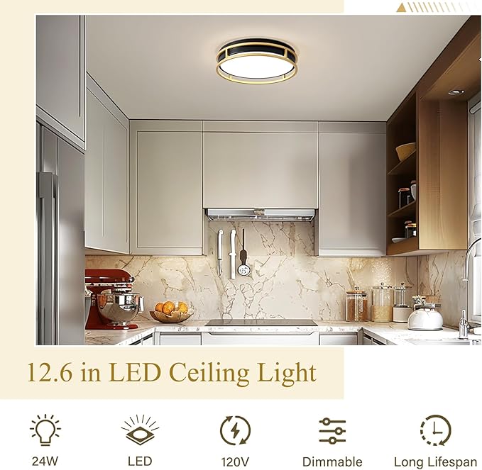 Pevfah Modern Flush Mount Ceiling Light, 5CCT 2700 K-6000 K Dimmable Black and Gold Ceiling Lighting Fixture, Minimalist Round LED Ceiling Lamp for Bedroom, Kitchen, Hallway, Laundry Room-12.6 Inch