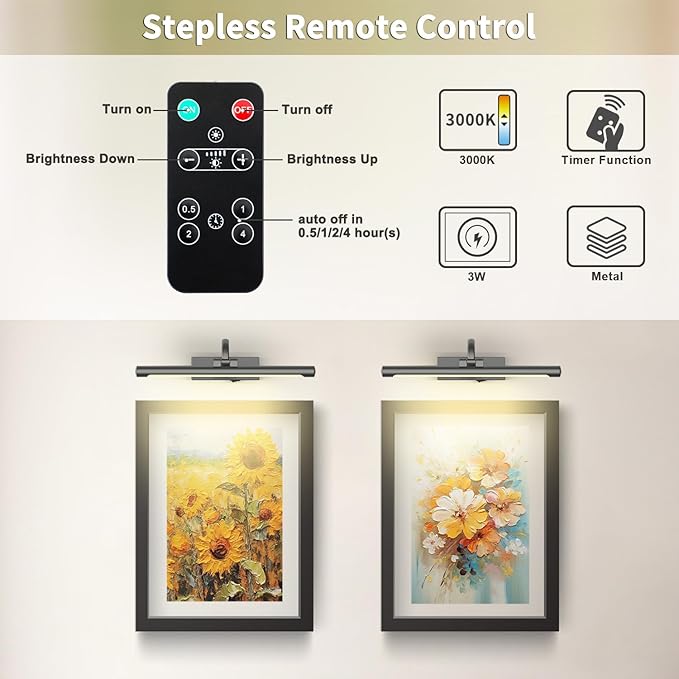 DESOOP Battery Operated Picture Lights for Wall, Wireless Painting Lights Dimmable Artwork Lighting with Remote and Timer, Rechargeable Art Lights for Paintings-Brushed Grey 16'' inch Warm White