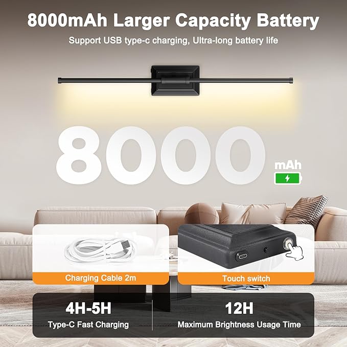 Battery Operated Wireless Wall Sconce - Modern Rechargeable Led Sconces in Black Gold Silver - Bedroom Decor Lights Set of 1 - Long Indoor Living Room Bathroom Remote Wall Light