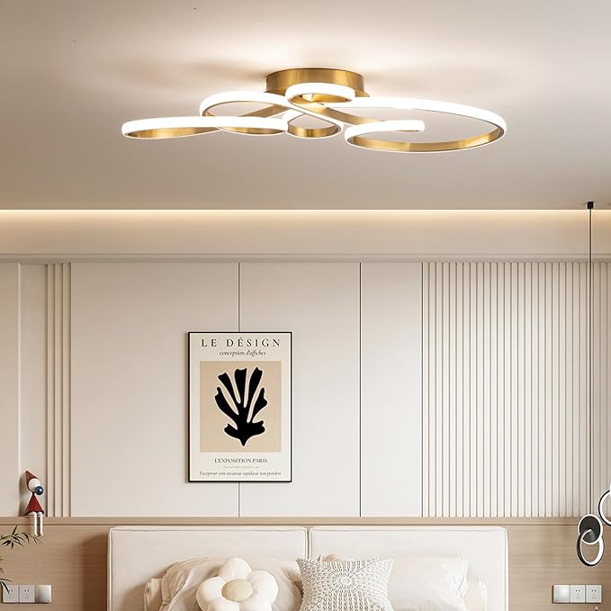 56W Modern LED Ceiling Light, Flower Flush Mount Light Fixture with Remote Control Gold Dimmable Ceiling Lamp for Living Room, Bedroom, Dining Room, Hallway, Kitchen