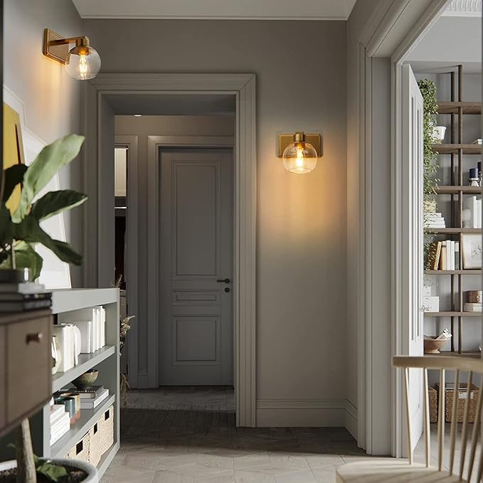 Brushed Brass Bathroom Sconces Set of 2, Gold Wall Sconces Set of Two, Bathroom Vanity Light with Clear Glass Shade, Modern Wall Light Fixtures for Bath Mirror Hallway Bedroom Living Room, Hardwired