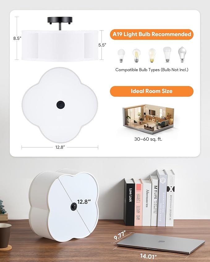 VONLUCE Semi-Flush Mount Ceiling Light, 12.8" Modern 4-Light Ceiling Light Fixture with White Clover-Shaped Shade 4 E26 Sockets for Bedroom Entryway Living Room, Black Finish, ETL Certificated