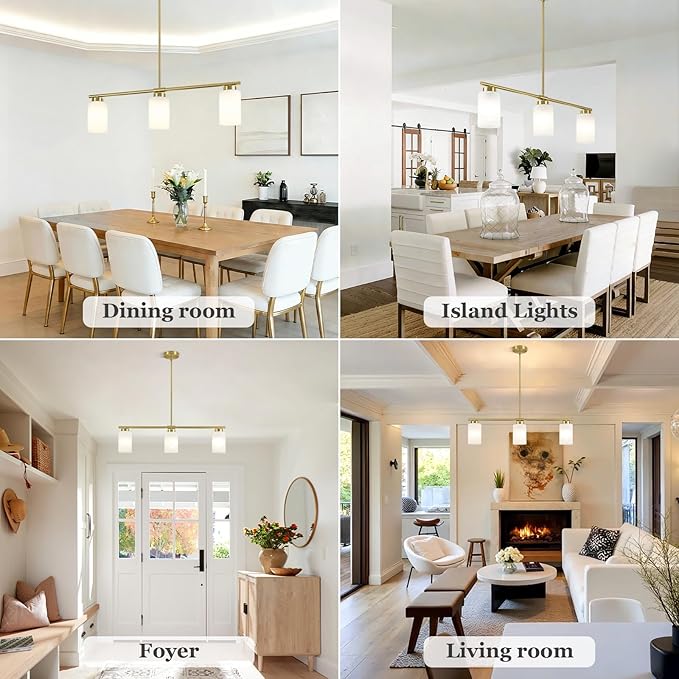 3-Light Gold Kitchen Island Lighting 31" Pendant Light with Milk Glass Shade Adjustable Height Linear Chandelier for Dining Room Modern Farmhouse Light Fixture Over Table Bar Living Room Foyer, E26