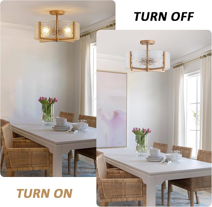 18 inch Large Gold Semi Flush Mount Drum Ceiling Light Fixture, 4-Light Glass Close to Ceiling Lighting Fixtures for Bedroom Hallway Kitchen Foyer Bathroom Closet Entryway Laundry Room
