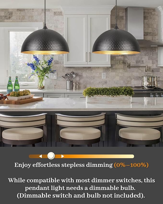 16 inch Black and Gold Pendant Light 3 Packs, Hammered Industrial Large Pendant Lights Kitchen Island, Oversive Black Dome Pendant Light for Kitchen Island, Dining Room, Bar