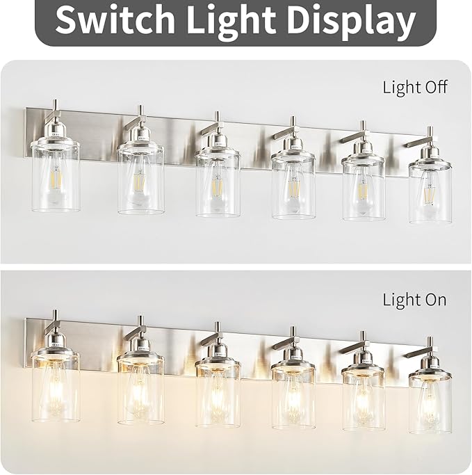 Lanhall 6-Light Brushed Nickel Bathroom Light Fixture Over Mirror Modern Bathroom Vanity Light Vintage Wall Lighting with Clear Glass Shade for Bathroom, Bedroom, Hallway, Cabinet