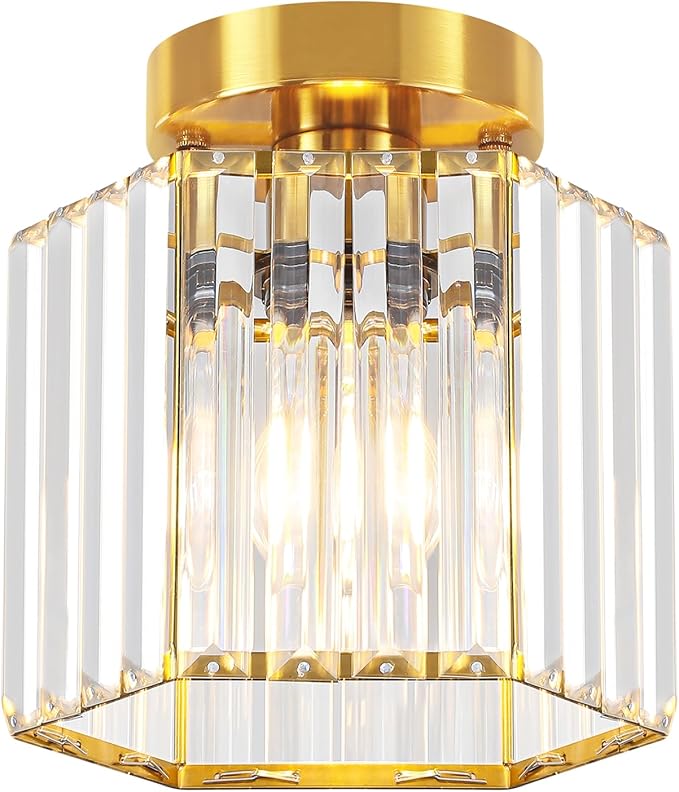 TOULMJ 2 Pack Brushed Gold Ceiling Lights, Modern Crystal Semi Flush Mount Kitchen Ceiling Lighting Fixtures Hallway Ceiling Lamp for Bathroom Bedroom Laundry Room Entryway Foyer Lighting