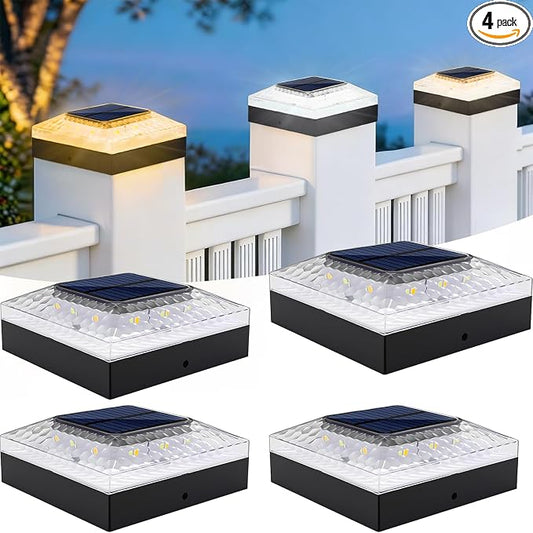 4x4 Post Solar Lights, 3 Colors Fence Light Solar Powered, 2 Brightness Solar Post Cap Lights Waterproof for Wood/Vinyl Posts, Garden, Patio, Deck, Hammered Light, 4 Pack