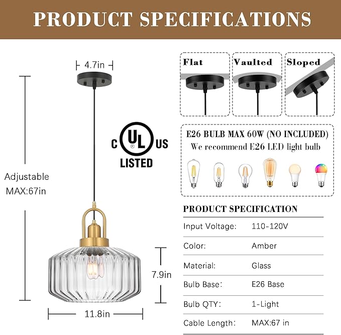 11.8in Mid Century Modern Clear Glass Pendant Light Fixture, Large Gold Kitchen Island Pendants Light Glass Ceiling Hanging Lamp for Foyer Dining Room Bedroom Entryway Hallway Over Sink