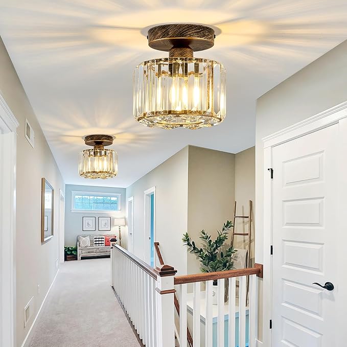 Piepooye 2 Pack Small Crystal Semi Flush Mount Ceiling Light Fixture Modern Bronze Mini Round Chandelier Metal E26 Ceiling Lamp for Hallway Bathroom Entryway Kitchen Closet