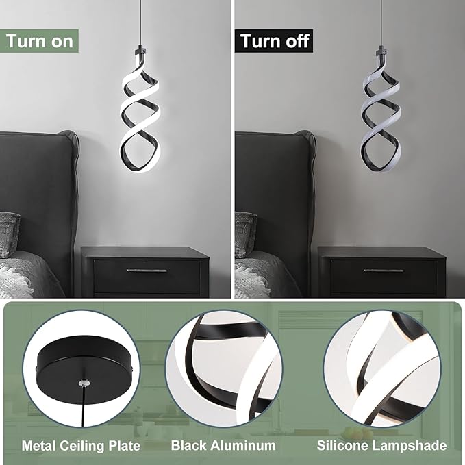 EIDISUNY Modern Led Pendant Light Fixture, 15W Black Spiral Led Chandelier Hanging Lamp, 3000K-6000K, Dimmable Pendant Lamp, Adjustable Height Pendant Light for Kitchen Island Dining Room Bedroom Cafe