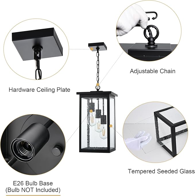 TODOLUZ 3-Lights Large Outdoor Pendant Light, Black Porch Ceiling Lighting Fixtures with Seeded Glass Panel, Exterior Hanging Lantern Adjustable Chain for Yard Entryway Patio