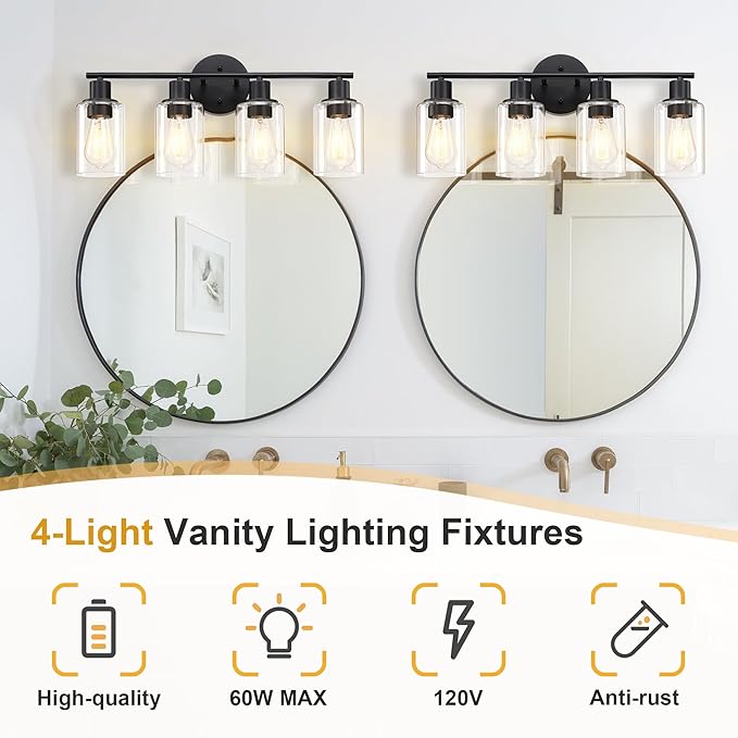 Pia Ricco Bathroom Vanity Light Fixtures, 4-Light Black Vanity Lights with Clear Glass Shades, Modern Wall Sconces Over Mirror, Bath Wall Sconces for Mirror Living Room Bedroom Hallway