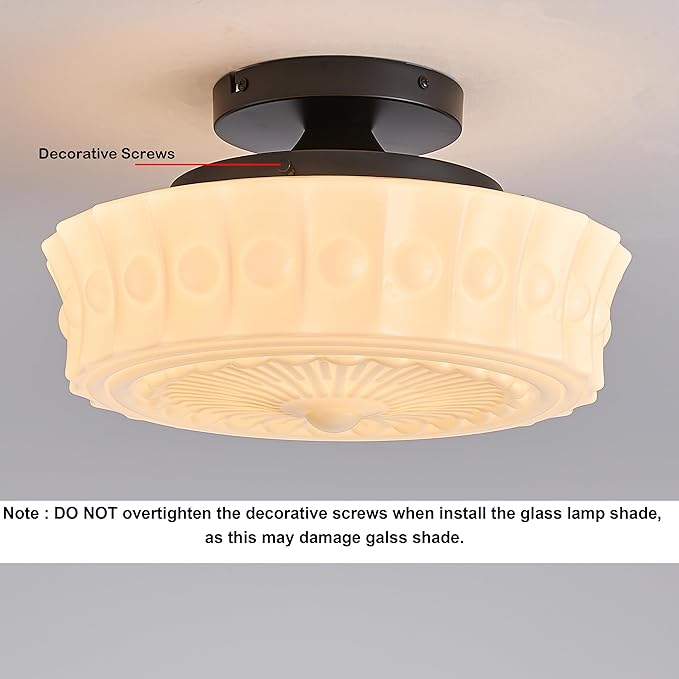 FCTWAKS Schoolhouse Ceiling Light Fixture, 13.8" Milk Glass Semi Flush Mount Mid Century Vintage Ceiling Light for Bedroom Hallway Kitchen, E26 Base Bulb Included, White