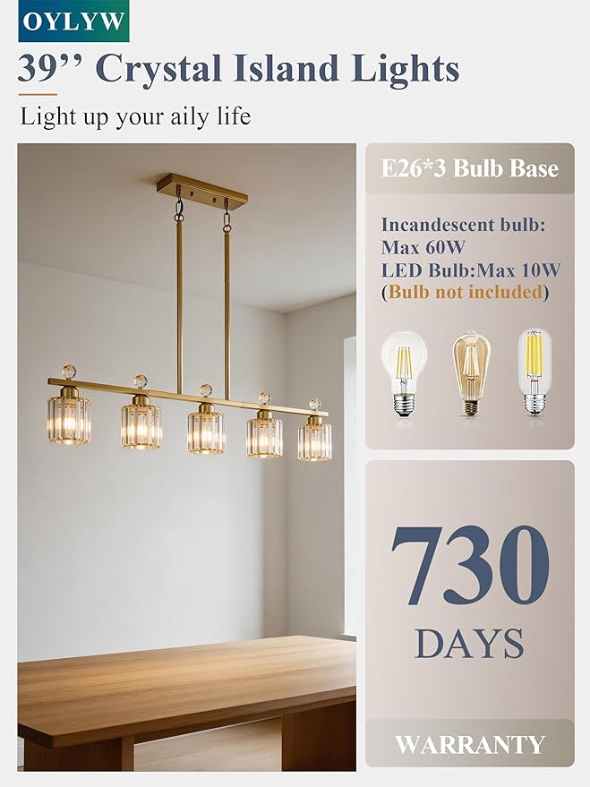 Modern Dining Room Light Fixture Over Table, Crystal Pendant Lights Kitchen Island, Chandeliers for Dining Room Kitchen Light Fixtures (E26) 5-Light Gold