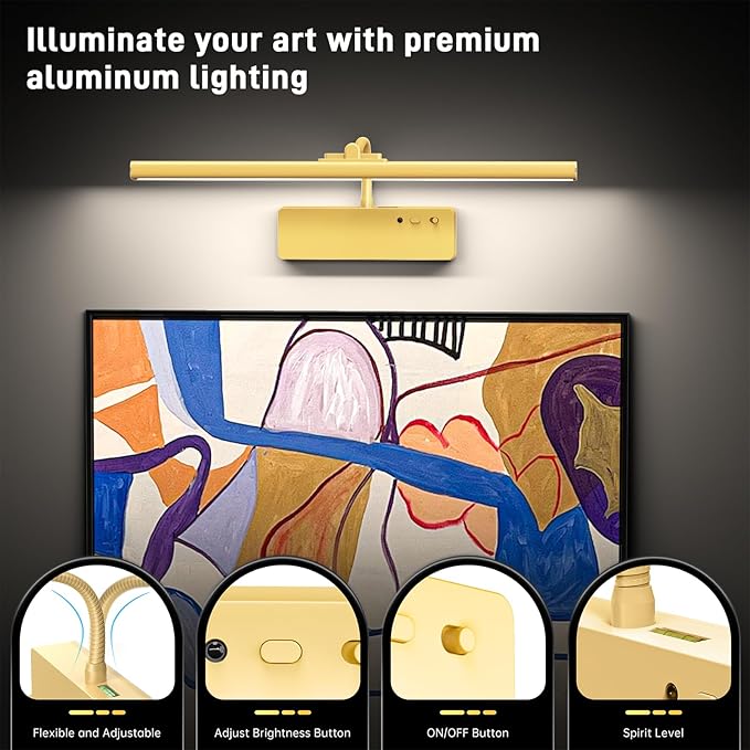 Racokky Picture Light, 15.35inch Picture Lights for Wall Rechargeable, Battery Wall Light Over Picture Frame, 3 Color Art Lighting for Paintings with Timer and Dimmable Artwork Display (Gold-2PCS)