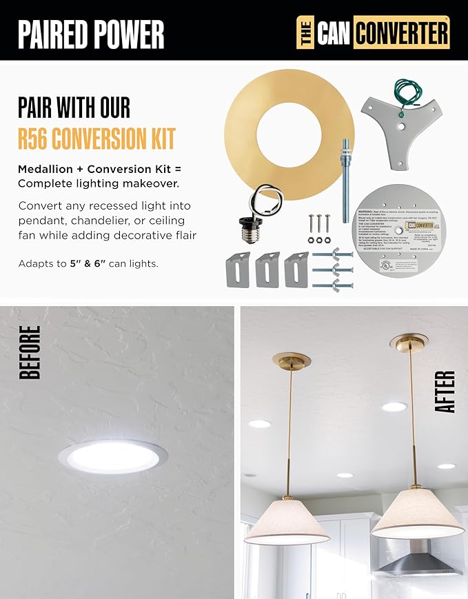 The Can Converter Ceiling Medallion for Recessed Can Light – Home Improvement Decorative Steel Flat Goof Ring & Cover Plate for 5" & 6" Cans, Small Ceiling Medallion for Chandeliers, Brushed Brass
