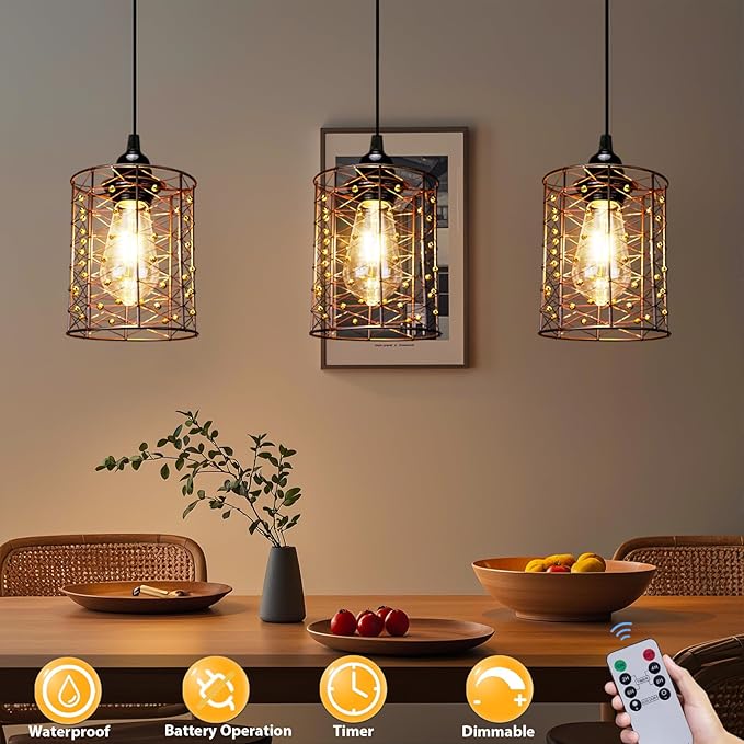 Battery Operated Hanging Outdoor Chandelier, Battery Pendant Light, Gazebo Lights Outdoor Waterproof, 4 AA Batteries, for Gazebo, Pergola, Porch, Patio, Indoor/Outdoor Decor Lighting (3)