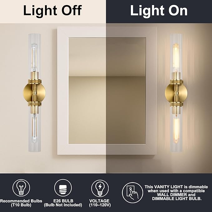 LaLuLa Gold Bathroom Vanity Light Fixtures – 2-Light Hardwired Wall Sconces with Rippled Glass Shades and Textured Metal Frame, Modern Vanity Lighting for Mirror, Bedroom, or Hallway, 25”