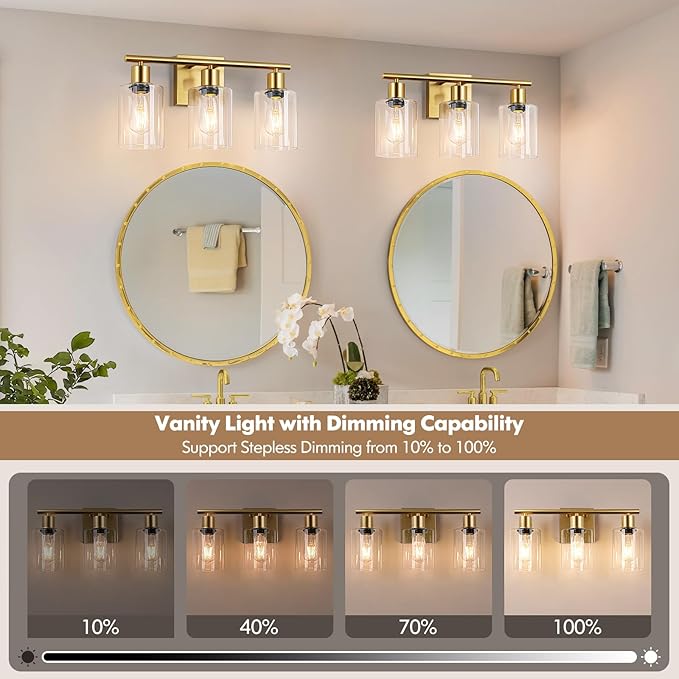 Battery Operated Wall Sconce, 3-Light Dimmable Rechargeable Wireless Vanity Light Fixture with Remote & Bulbs, Gold Indoor Non-Hardwired Decor Wall Lamp for Bedroom, Living Room, Hallway, Mirror