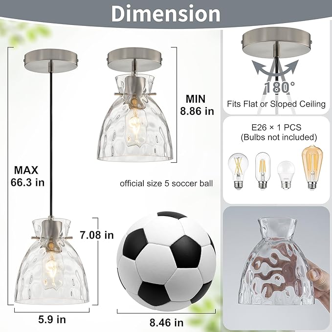 5.9“ Small Brushed Nickel Pendant Lights Kitchen Island, Hammered Glass Pendant Light Fixtures, Adjustable Mini Hanging Lights Kitchen Pendant Lighting over Island Sink Bathroom Dining Room Bedroom