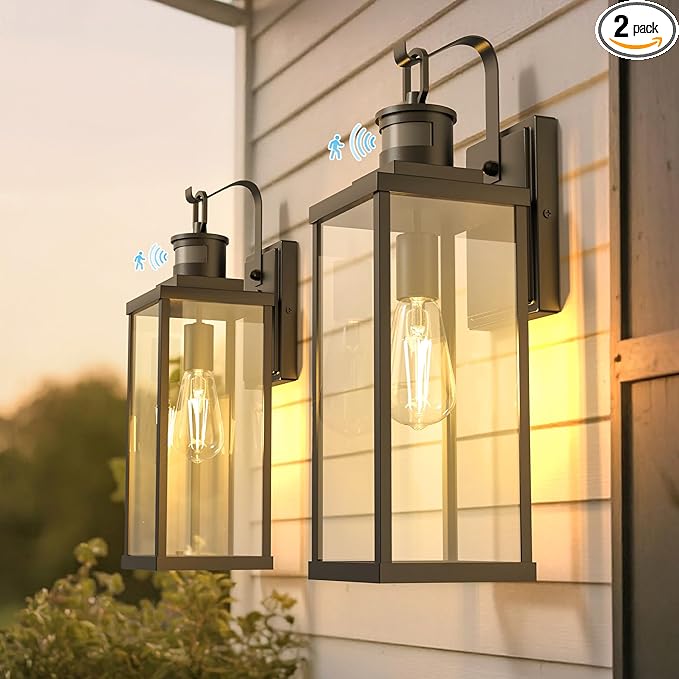 DORESshop Large Size Motion Sensor Outdoor Wall Lights, 18 Inch Matte Black Waterproof Anti-Rust Outdoor Light Fixtures Wall Mount with Clear Glass Shade for Porch, Garage, ETL Listed, 2 Pack