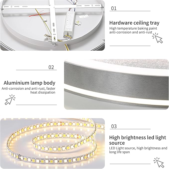LED Flush Ceiling Light, 11in Grey Round Ceiling Light Dimmable 3000K/4500K/6500K Color Recessed Lamp for Living Room, Bedroom, Office,Hallway