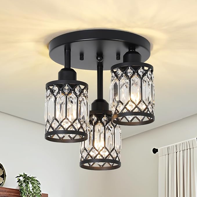 Semi Flush Mount Ceiling Light,3-Light Modern Crystal Close to Ceiling Light Fixtures, Black Kitchen Light Fixtures with Clear Crystal Shade,Hallway Light Fixtures for Hallway Bedroom Bathroom