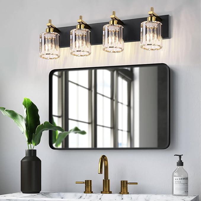 She's home 4 Light Crystal Vanity Lights for Bathroom - Black and Gold Modern Bathroom Vanity Lights Over Mirror 28 Inch, Bathroom Wall Lighting E26 Base