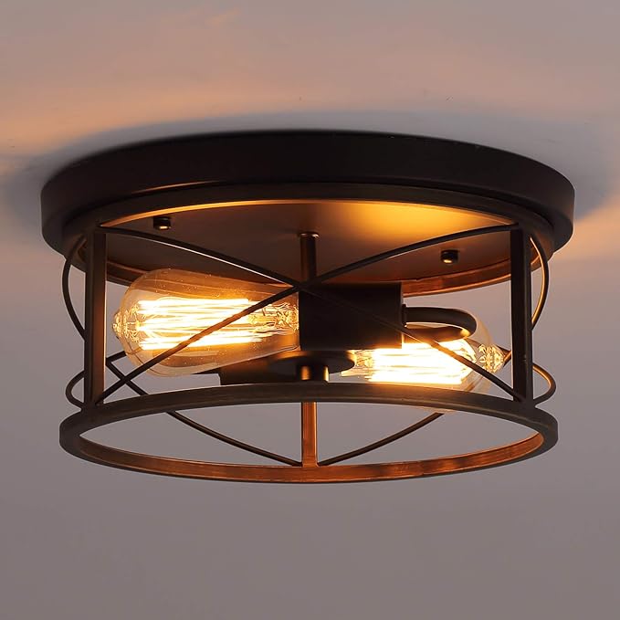 Q&S Farmhouse Ceiling Light Fixture Flush Mount,ORB+Bronze,Rustic Vintage Mini Ceiling Lighting for Hallway Entryway Kitchen Dining Room Bedroom Garage Gazebo Locker,2 Lights UL Listed
