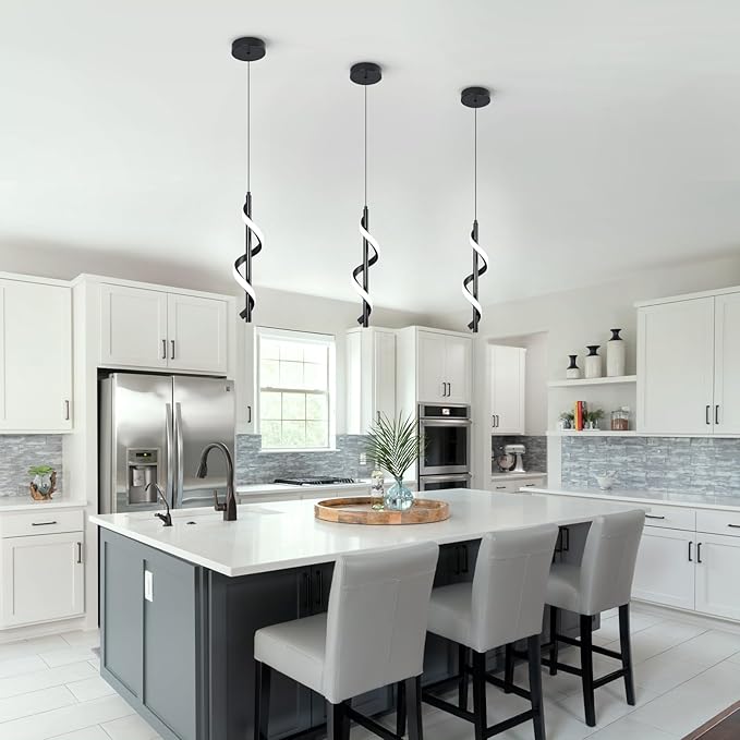 CANEOE 3 Packs Modern Spiral Led Pendant Light Fixture, Cold White 5500K Kitchen Island Pendant Lamp, Adjustable Hanging Light Fixture for Bedroom Living Room Kitchen Sink