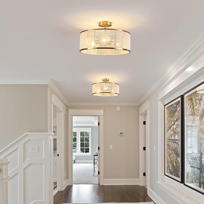 17.3" Boho Gold Semi Flush Mount Ceiling Light Modern Fixtures Ceiling Mount with Hand-Woven Rope Shade 3-Light Drum Lighting Fixtures Close to Ceiling Light for Bedroom Living Room Hallway Kitchen