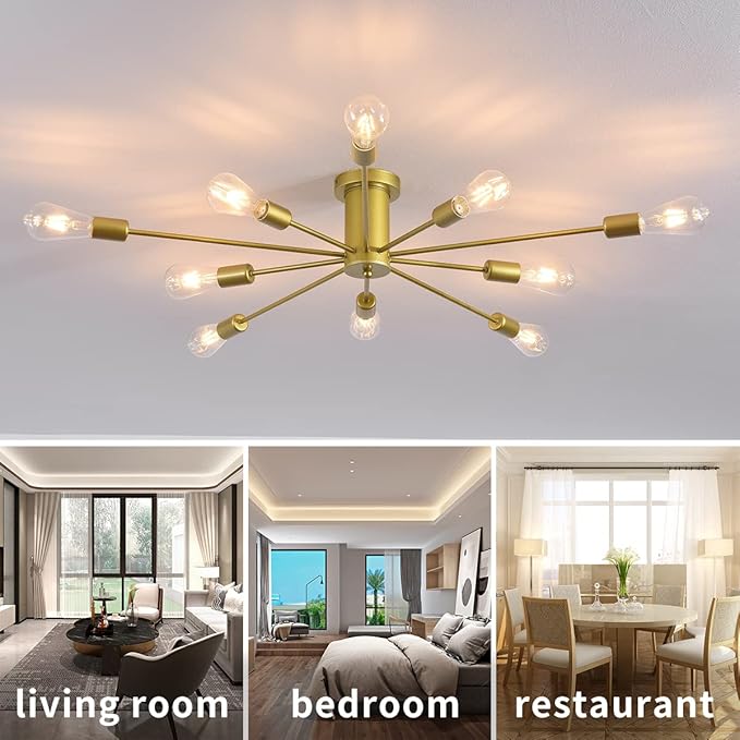 Garwarm 10 Lights Modern Sputnik Chandelier Gold Industrial Ceiling Lamp Mid Century Semi Flush Mount Ceiling Light Fixture for Kitchen Dining Room Living Room Bedroom Foyer Lighting