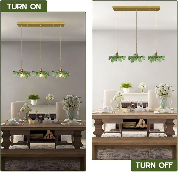 Glass Chandelier for Dining Room Vintage Chandelier Lighting 3-Light Hand Blown Gold Mid Century Modern Pendant Light with Green Glass Shade for Kitchen Island Bedroom Living Room