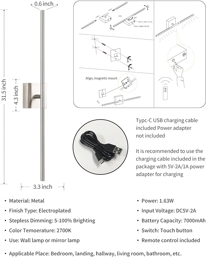 KDG Cordless Wall Sconces Set of 2, Wireless 5200mAh Rechargeable Battery Operated LED Wall Lamps with Remote, 360° Rotate Lightings for Wall Painting, Bedroom, Hallway, Night Light 31.5 inch (Nickel)