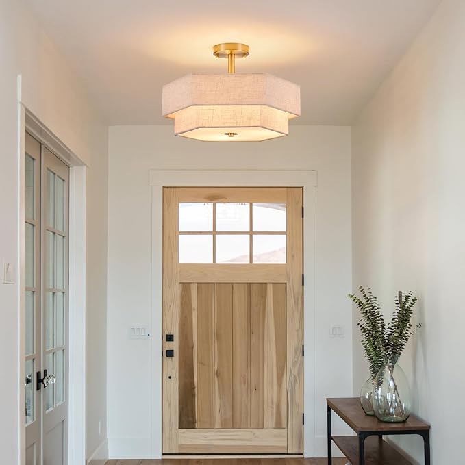 SGLfarmty 17.7" Gold Flush Mount Ceiling Light, 3-Light Farmhouse Light Fixture Ceiling Mount with 2-Tier Hexagonal Fabric Linen Shade, Modern Drum Chandelier for Bedroom Hallway Living Room